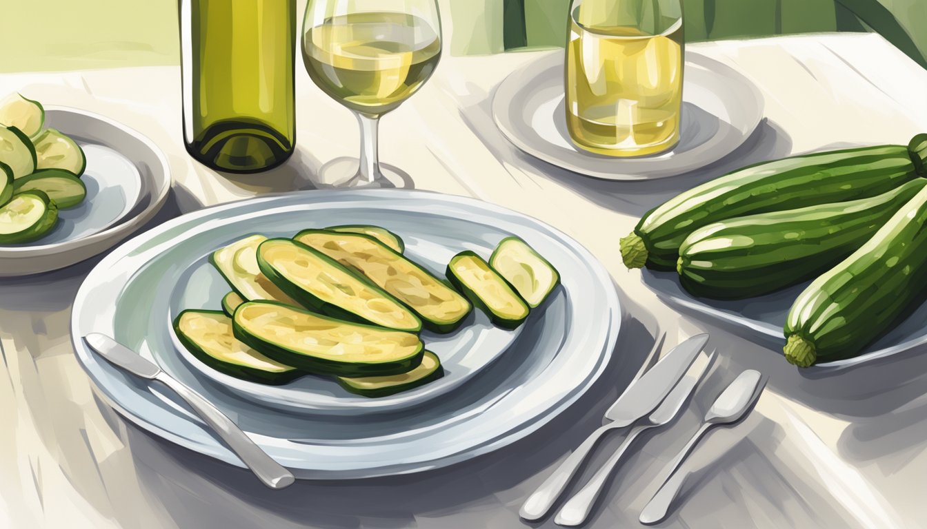 A table set with a plate of grilled zucchini and a glass of white wine. A relaxed and inviting atmosphere with soft lighting