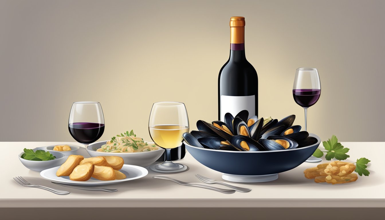 A table set with a bowl of steamed mussels and a bottle of regional wine