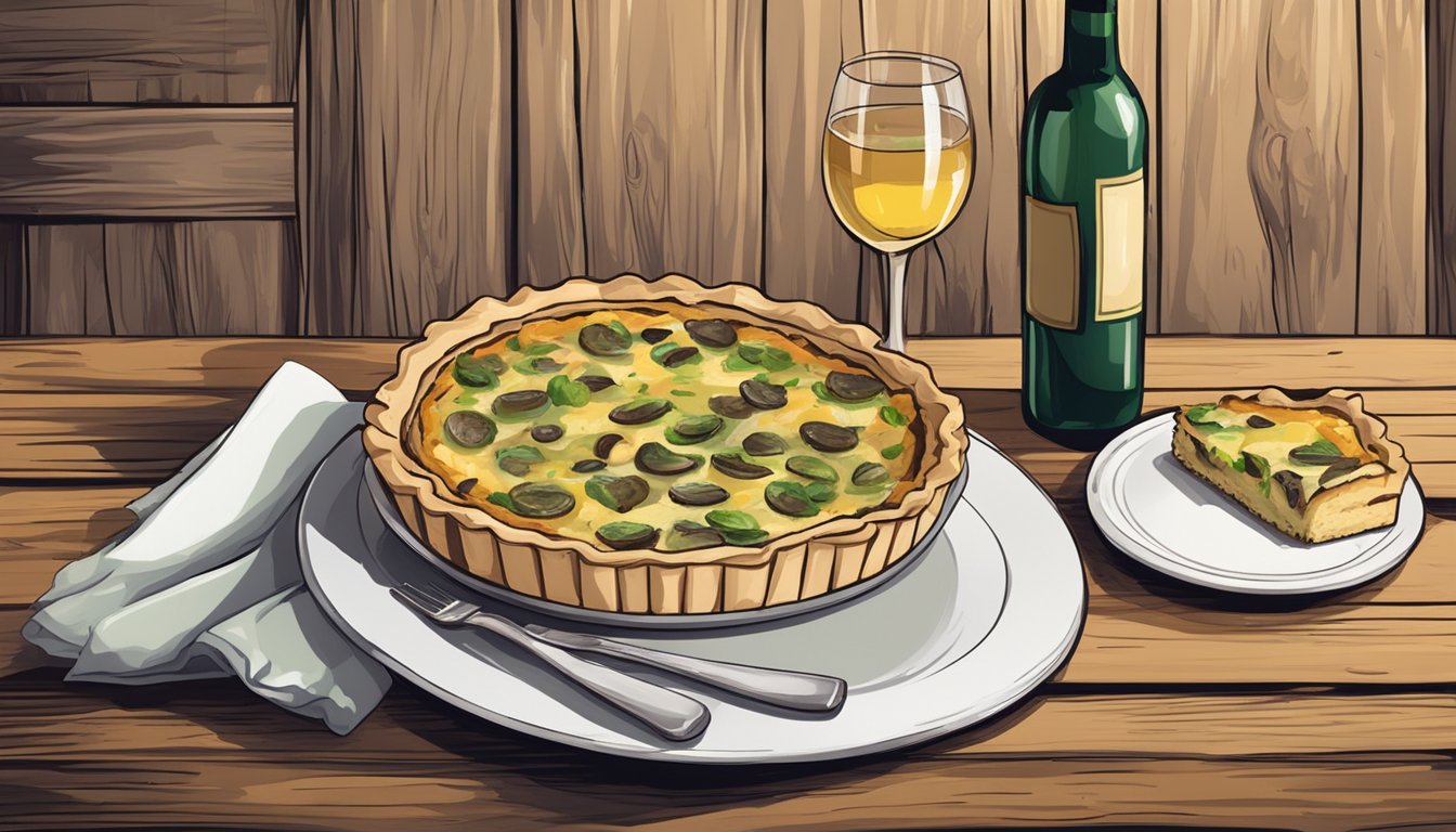 A table set with a mushroom quiche, a bottle of white wine, and two glasses on a rustic wooden surface