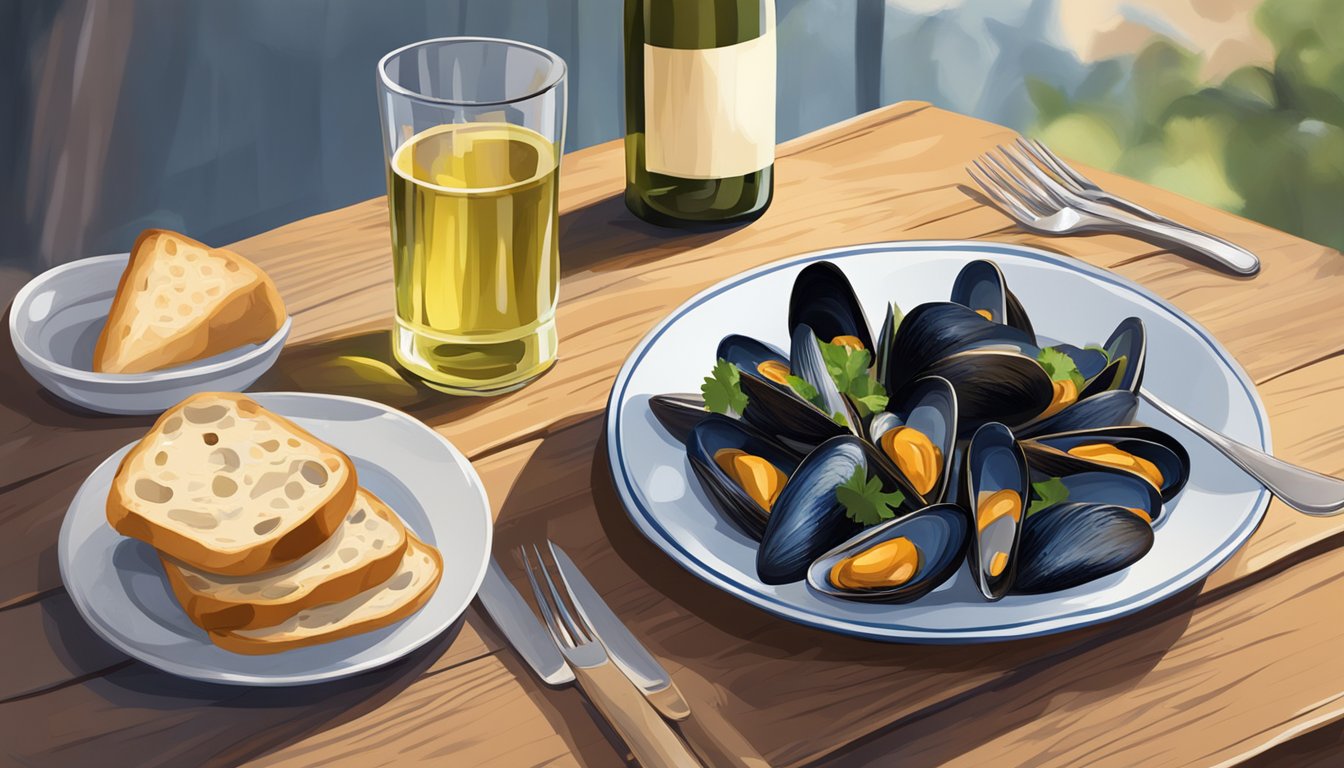 A bottle of white wine next to a plate of steamed mussels with a side of crusty bread on a wooden table