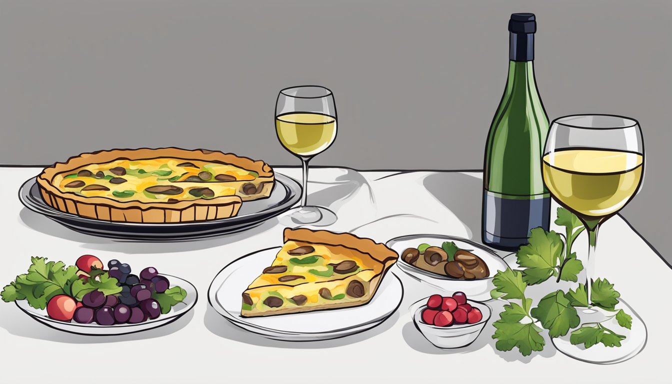 A table set with a mushroom quiche, a glass of red wine, and a bottle of white wine