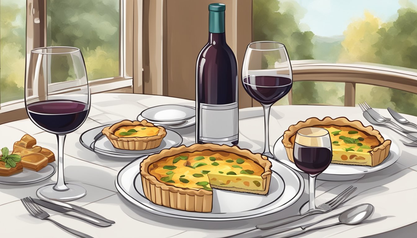 A table set with a mushroom quiche, a glass of red wine, and a bottle of white wine, surrounded by elegant dining utensils and a cozy atmosphere