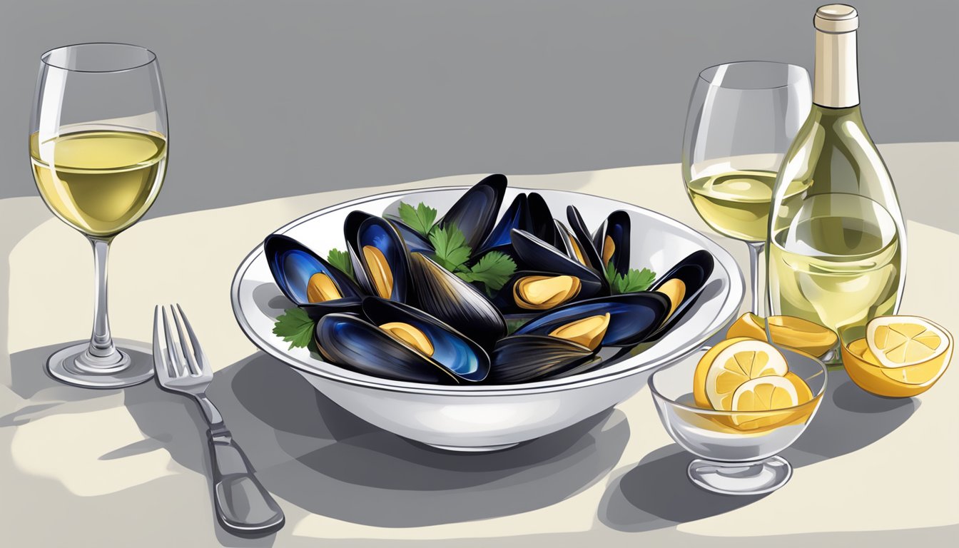 A table set with a bowl of steamed mussels and a glass of white wine