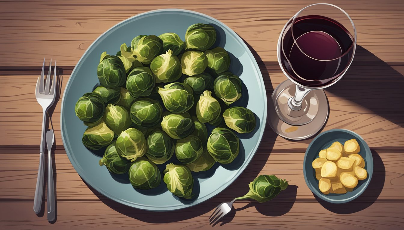 A plate of grilled brussels sprouts paired with a glass of red wine on a wooden table