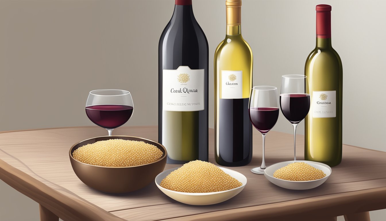 A table set with a bowl of cooked quinoa, a glass of red wine, and a bottle of white wine