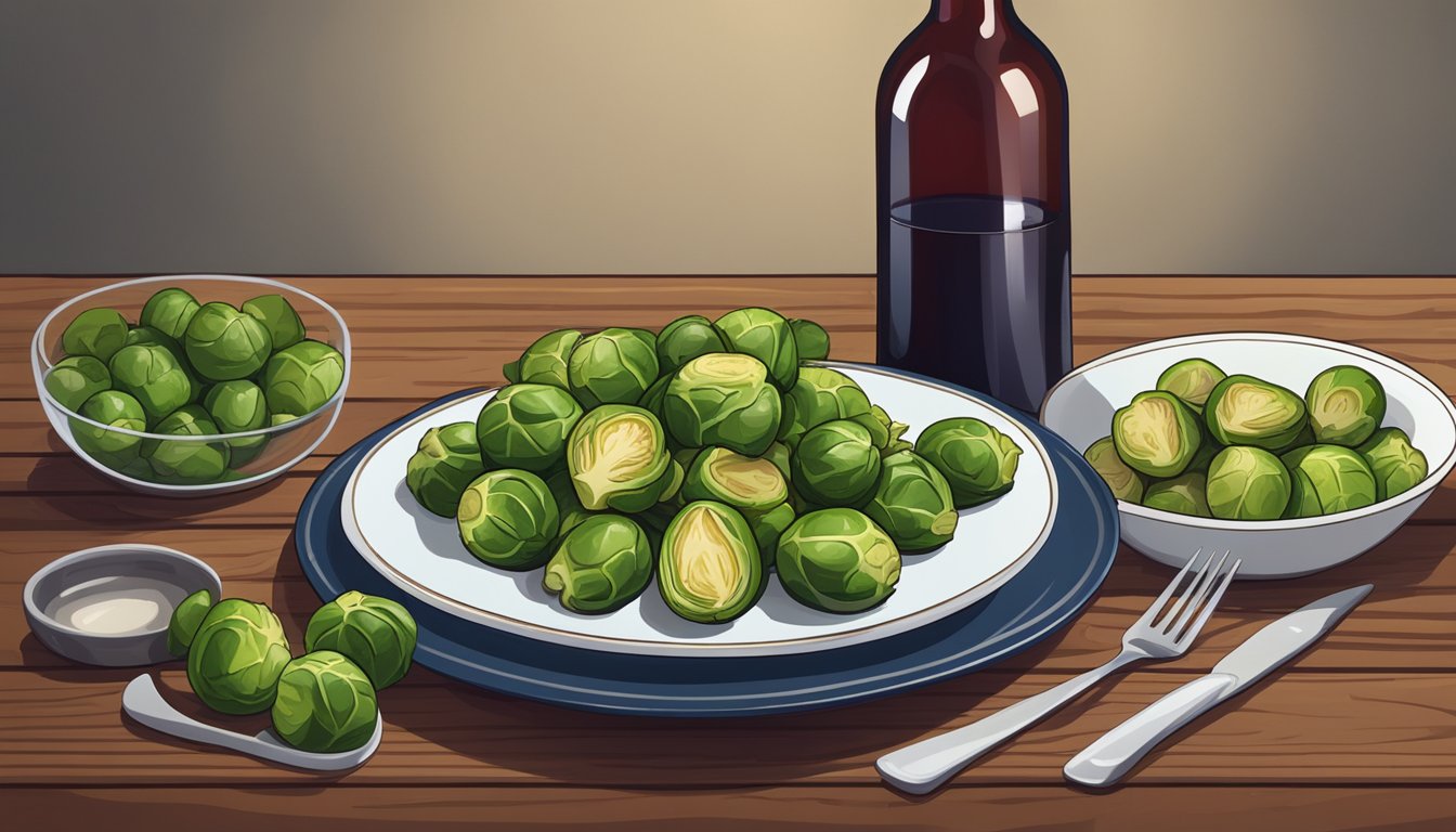 A bottle of red wine next to a plate of grilled brussels sprouts on a wooden table