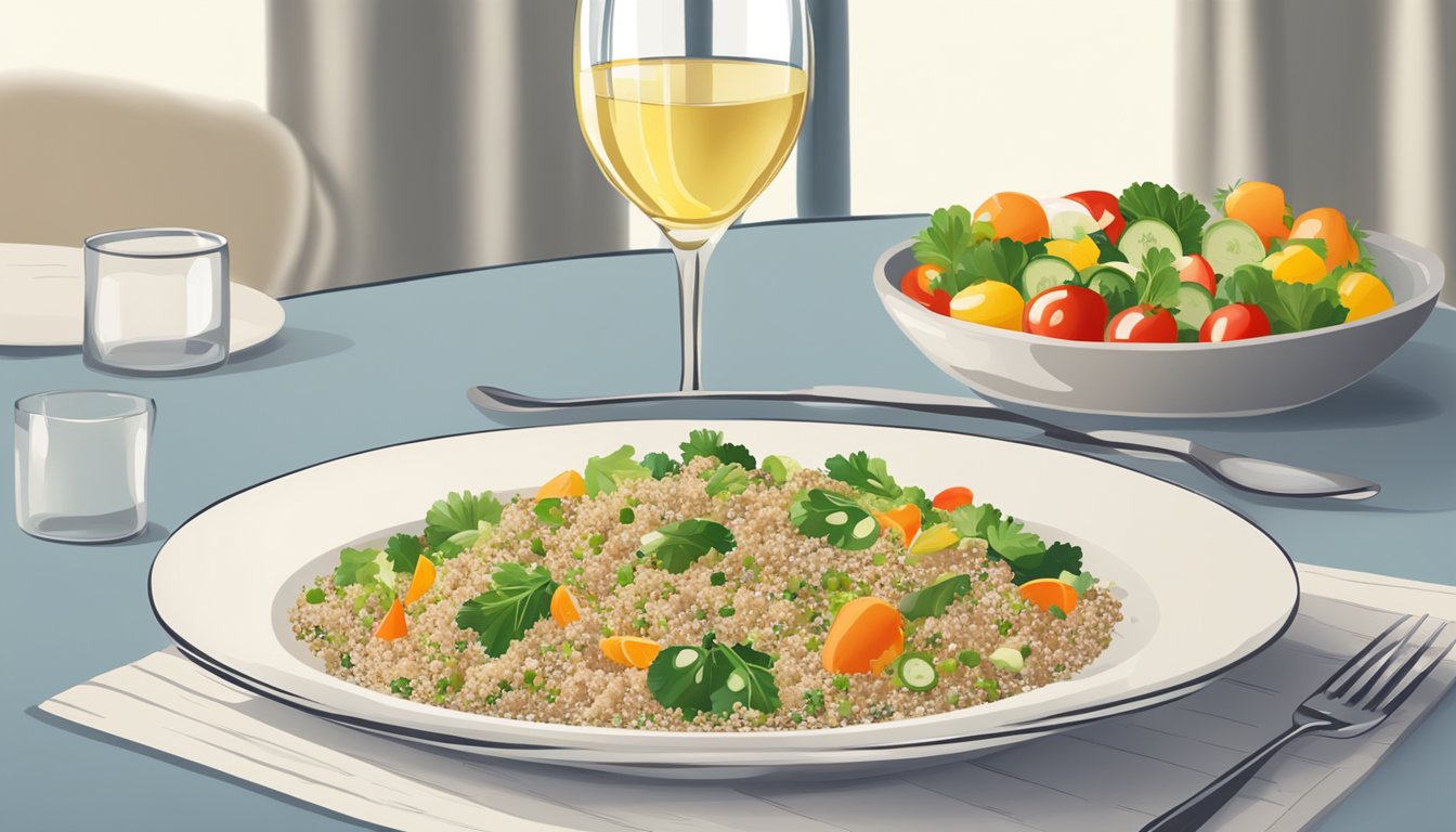 A glass of white wine next to a plate of quinoa salad with fresh vegetables