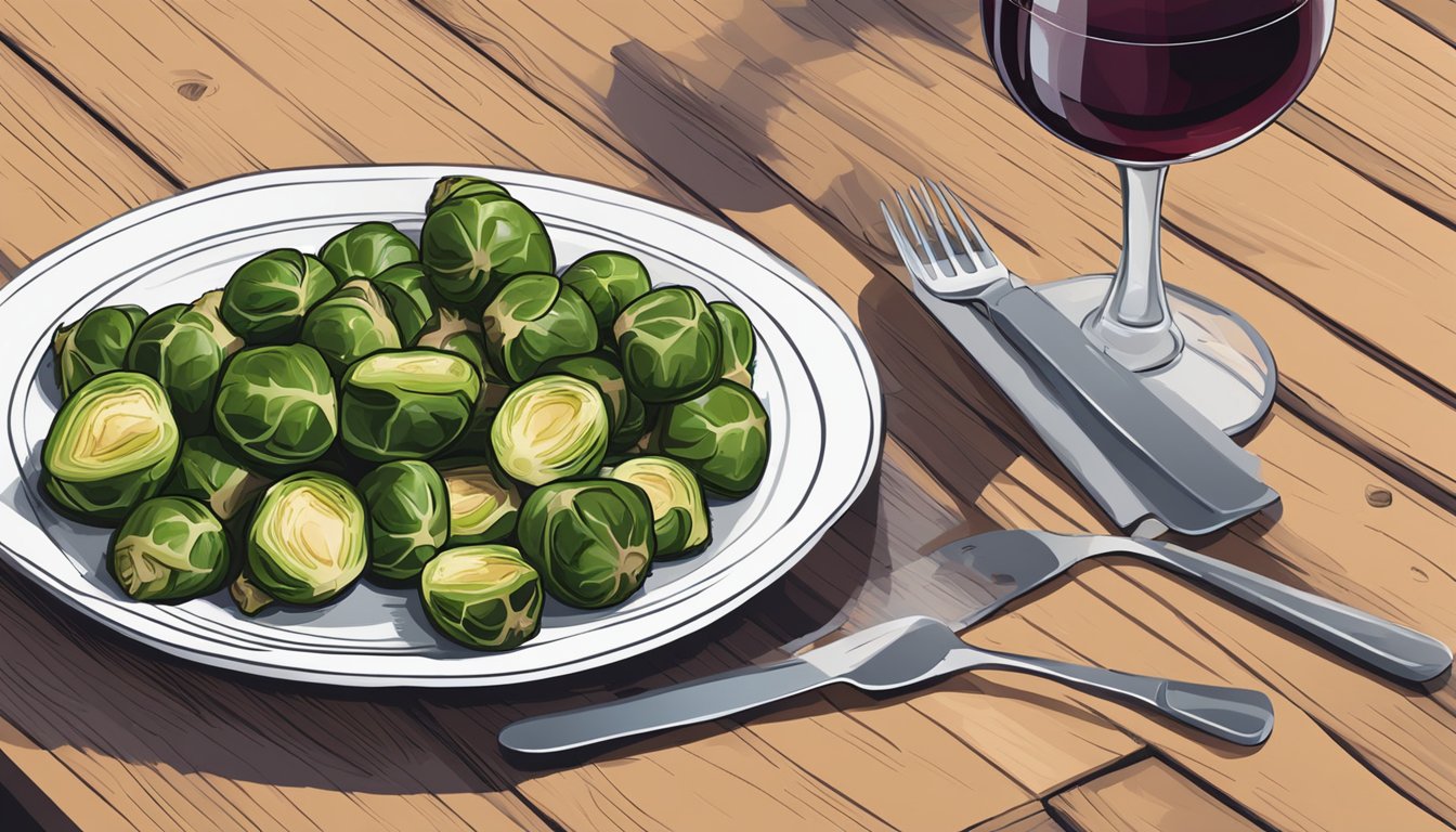 A glass of red wine next to a plate of grilled brussels sprouts on a wooden table