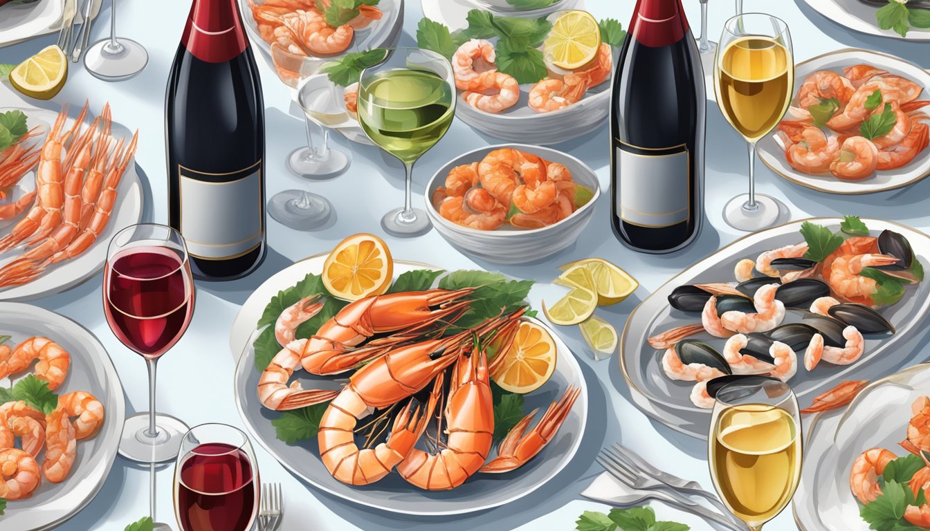 A table set with a variety of red and sparkling wines, alongside a plate of shrimp and other seafood