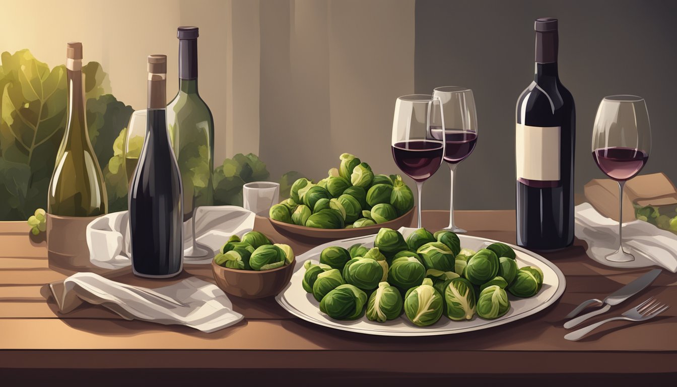 A table set with grilled brussels sprouts and a bottle of red wine, surrounded by wine glasses and a cozy ambiance