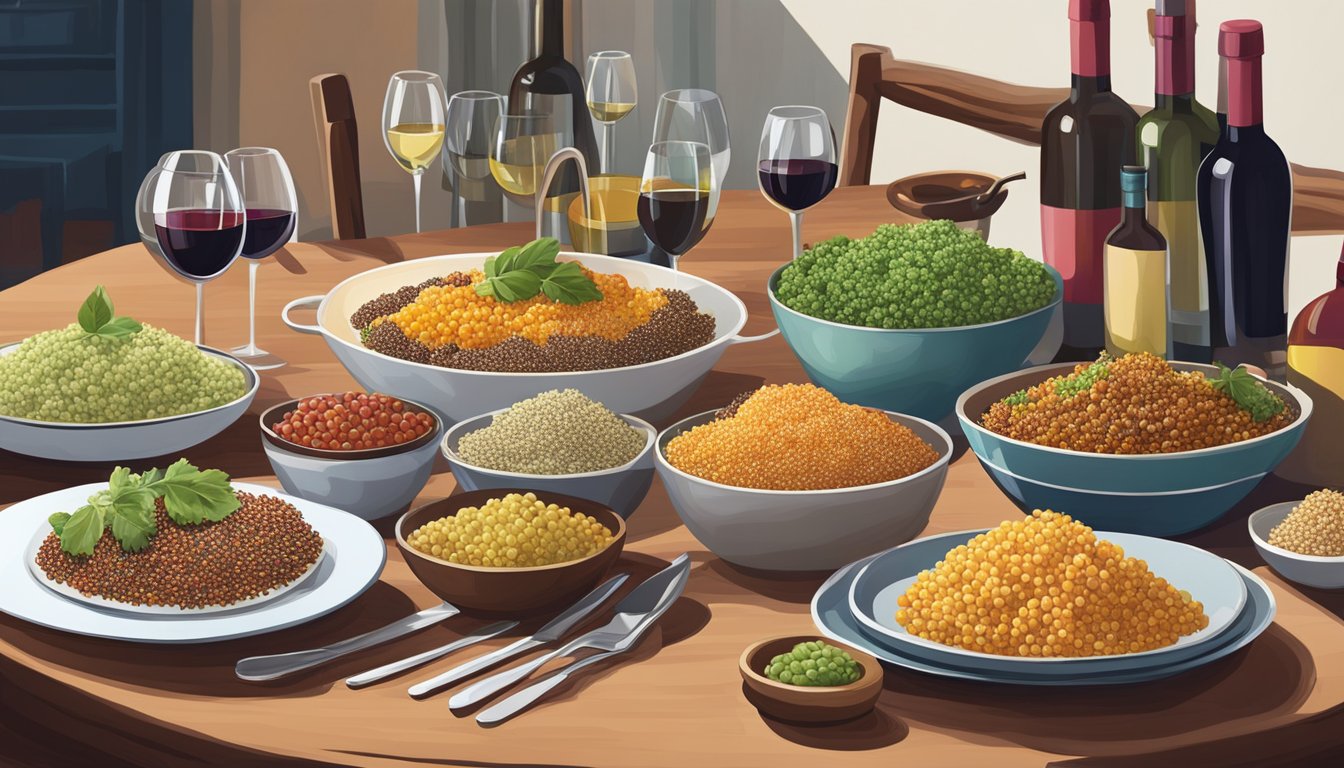 A table set with a colorful array of quinoa dishes alongside a selection of wine bottles