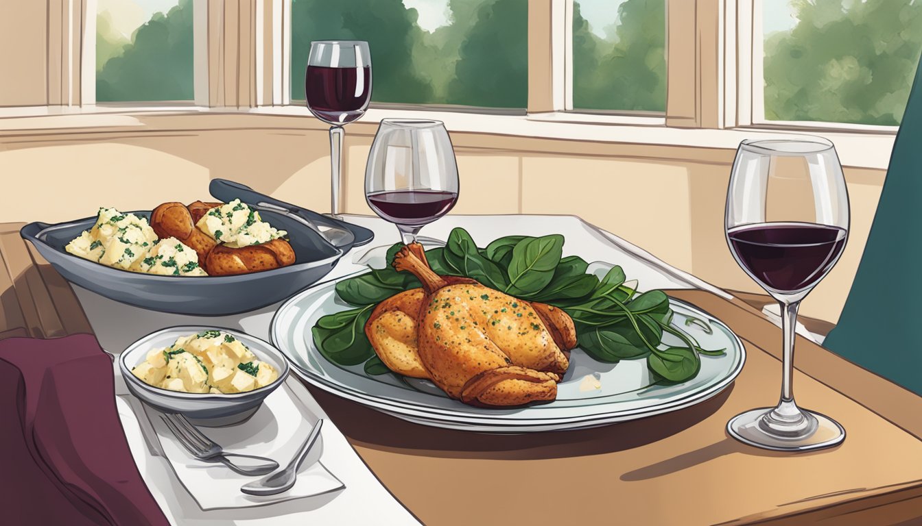 A table set with a plate of spinach and feta stuffed chicken alongside a glass of red wine