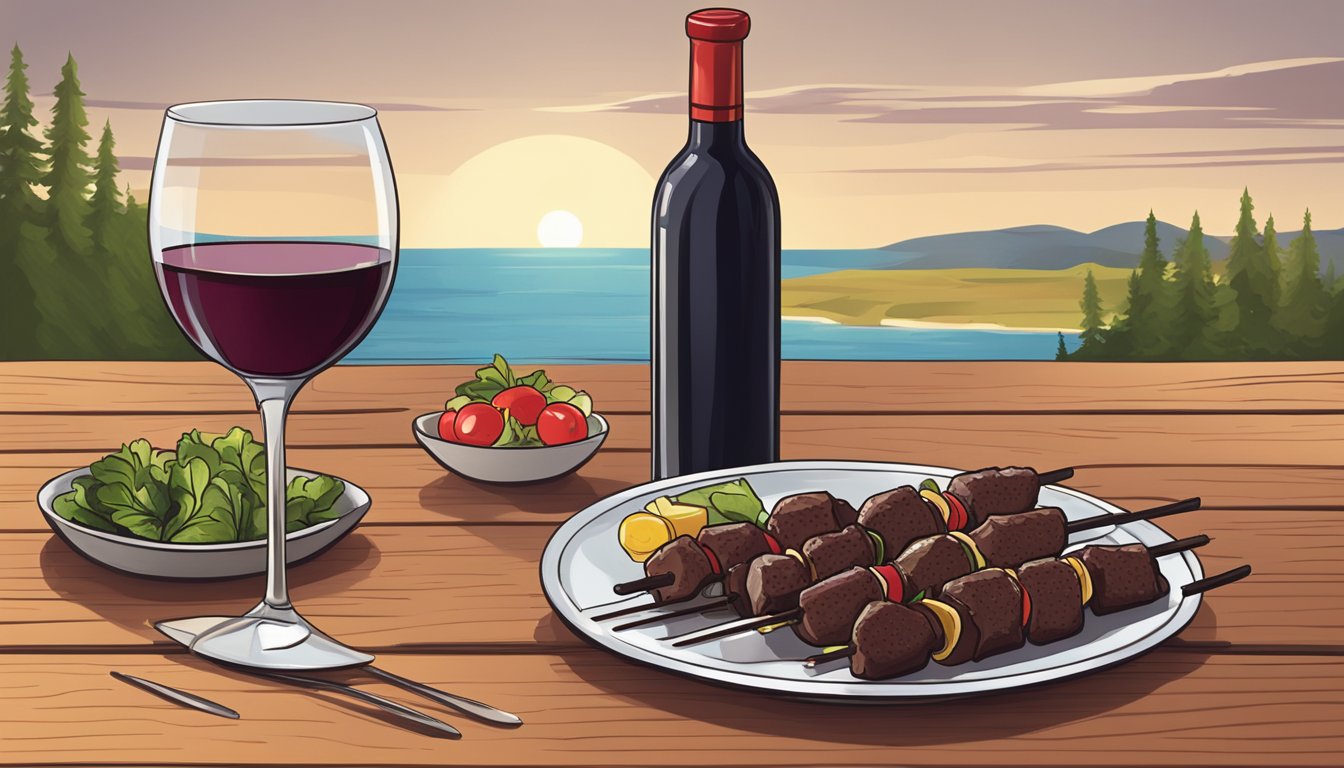 A bottle of red wine next to a plate of beef kabobs on a wooden table