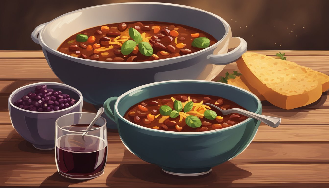 A steaming bowl of vegetarian chili sits next to a glass of red wine on a rustic wooden table. The rich colors and textures of the dish and drink create a warm, inviting scene