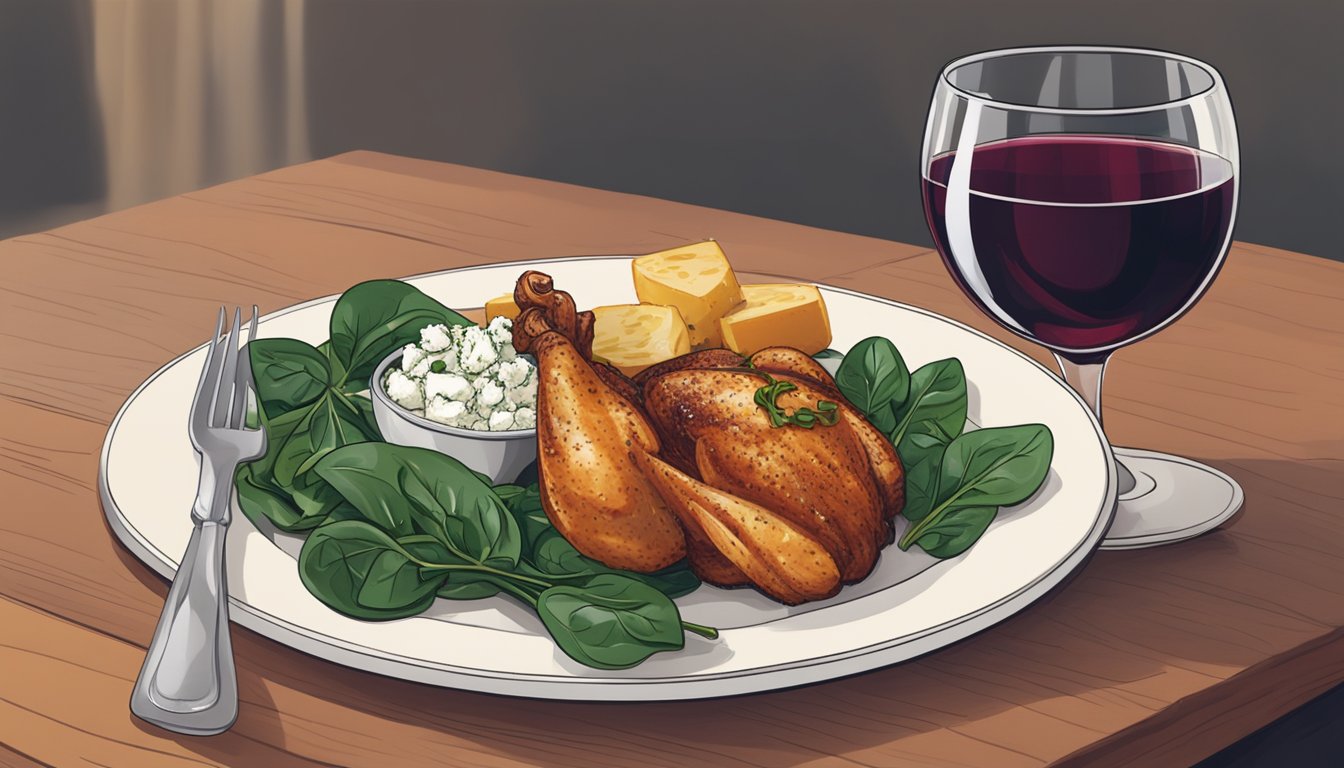 A glass of red wine next to a plate of spinach and feta stuffed chicken on a wooden dining table