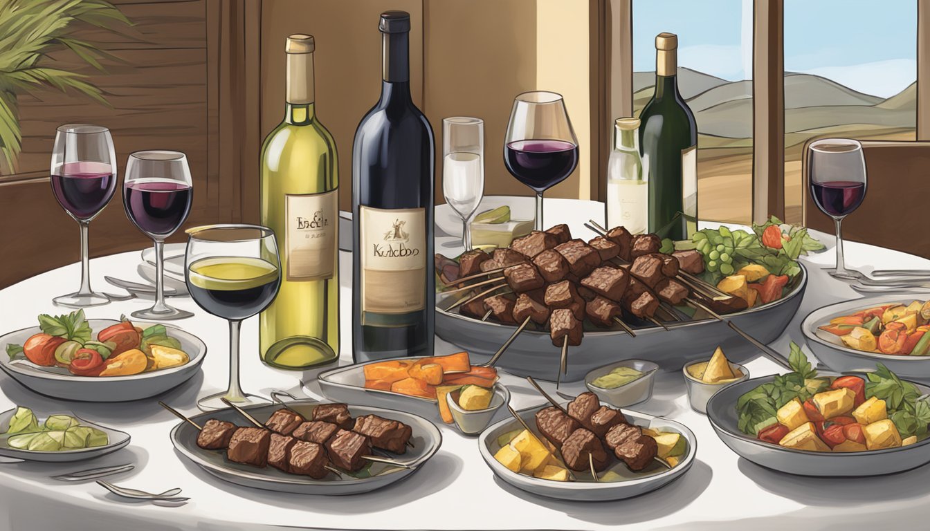 A table set with beef kabobs and a variety of regional wine bottles