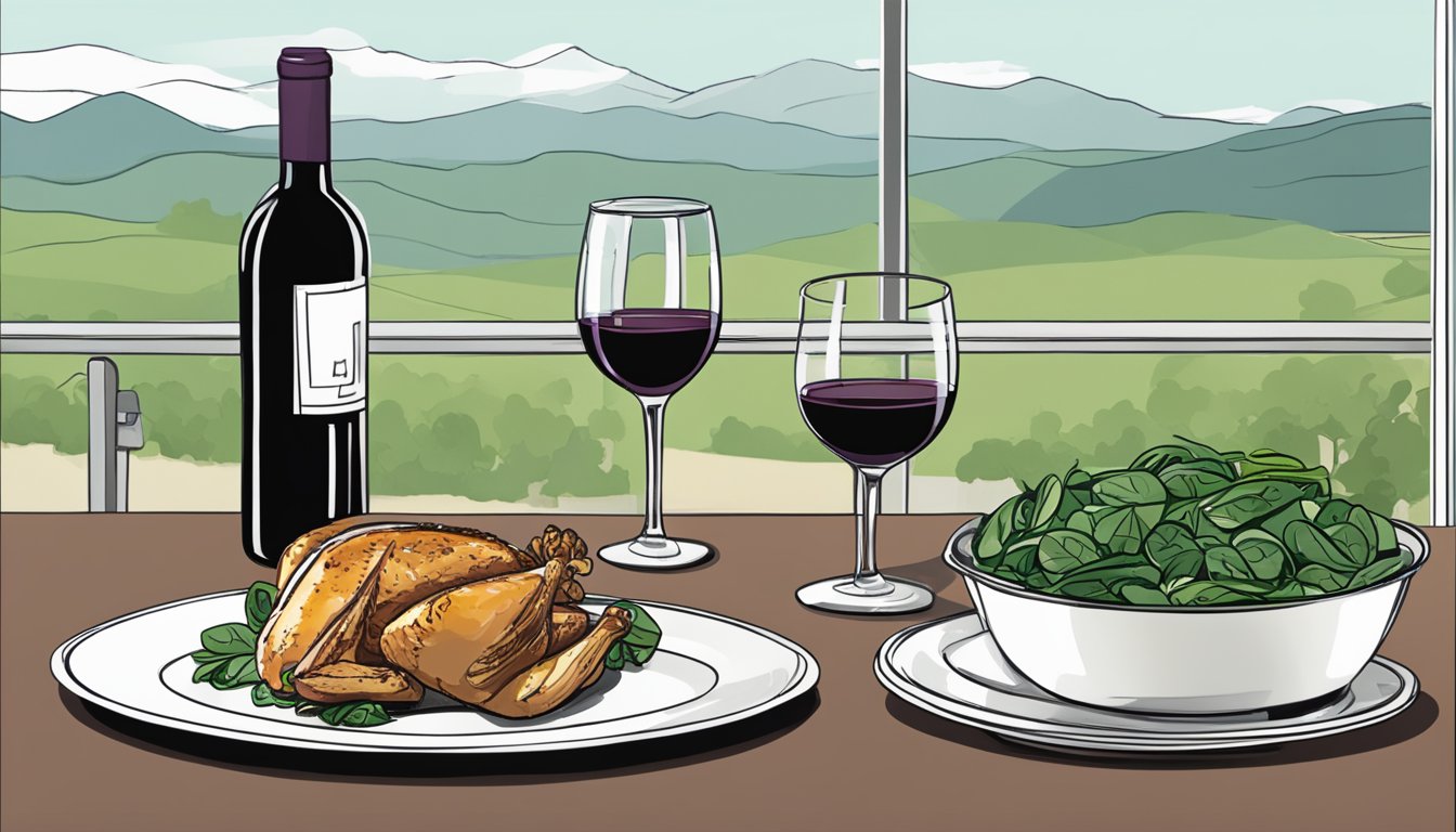 A bottle of red wine sits next to a plate of spinach and feta stuffed chicken, with a glass ready to be poured