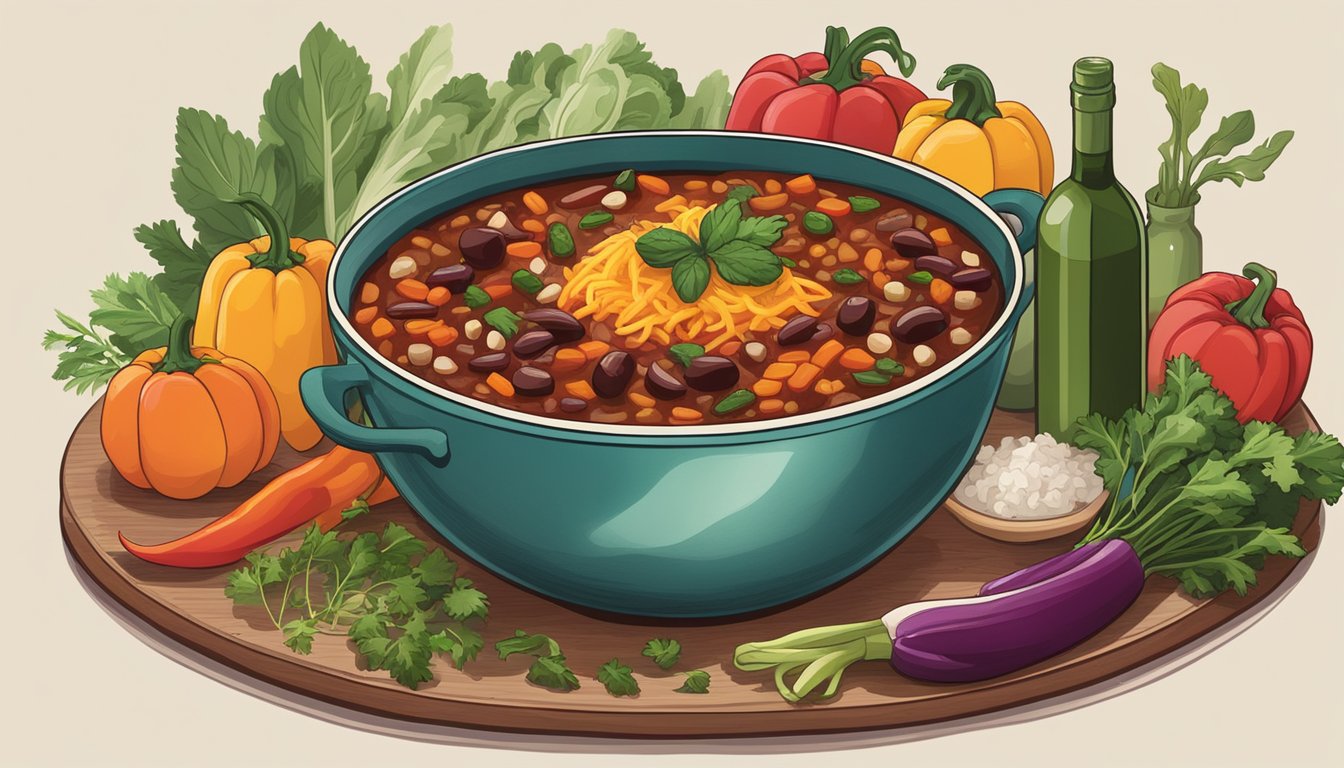 A steaming bowl of vegetarian chili sits next to a bottle of red wine, surrounded by colorful vegetables and herbs