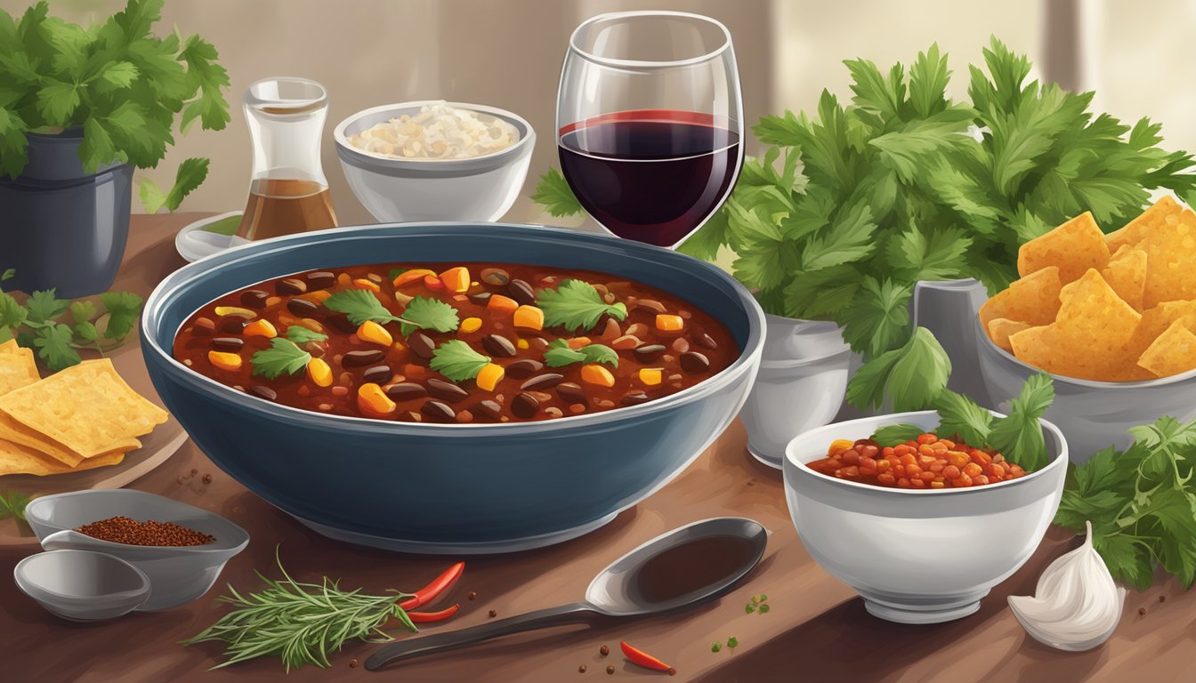 A table set with a steaming bowl of vegetarian chili and a glass of red wine, surrounded by fresh herbs and spices