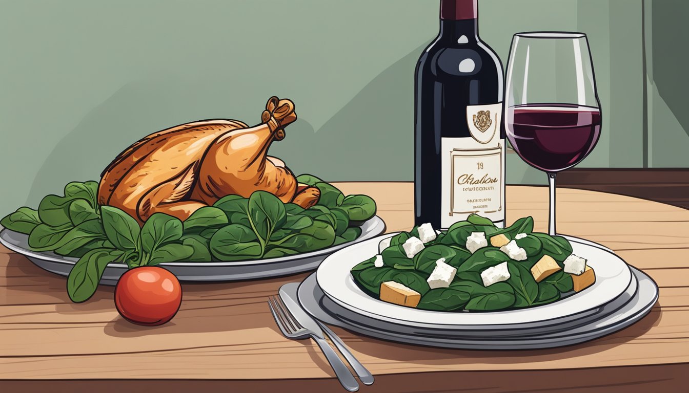 A bottle of red wine next to a plate of spinach and feta stuffed chicken on a wooden table