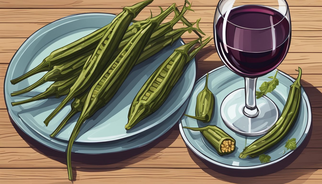 A glass of red wine next to a plate of grilled okra on a wooden table