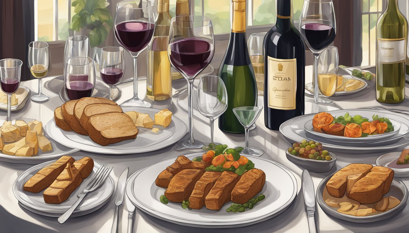 A table set with a plate of seitan, surrounded by various wine bottles and glasses