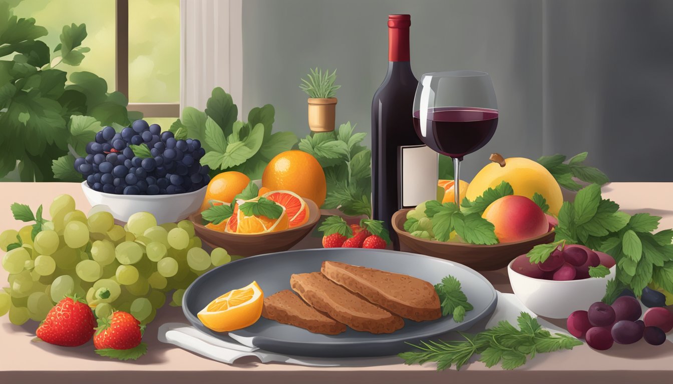 A table set with a plate of seitan and a bottle of red wine, surrounded by fresh herbs and fruits