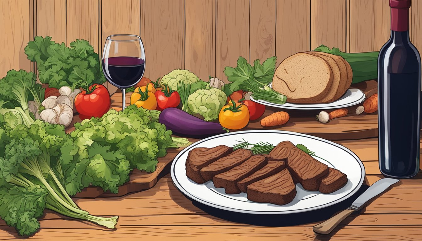 A bottle of red wine next to a plate of seitan and vegetables on a wooden table