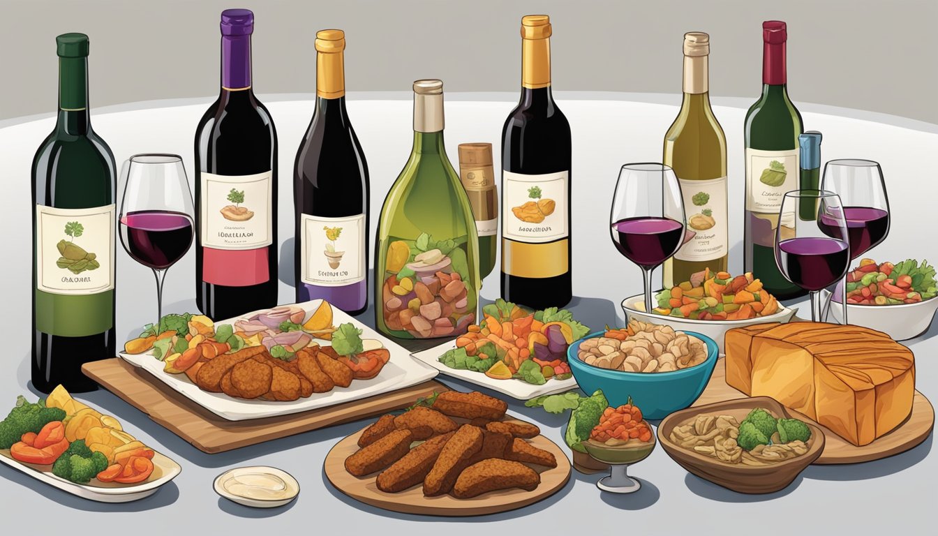 A table set with a colorful array of seitan dishes and various wine bottles, each labeled with a different complementary flavor profile