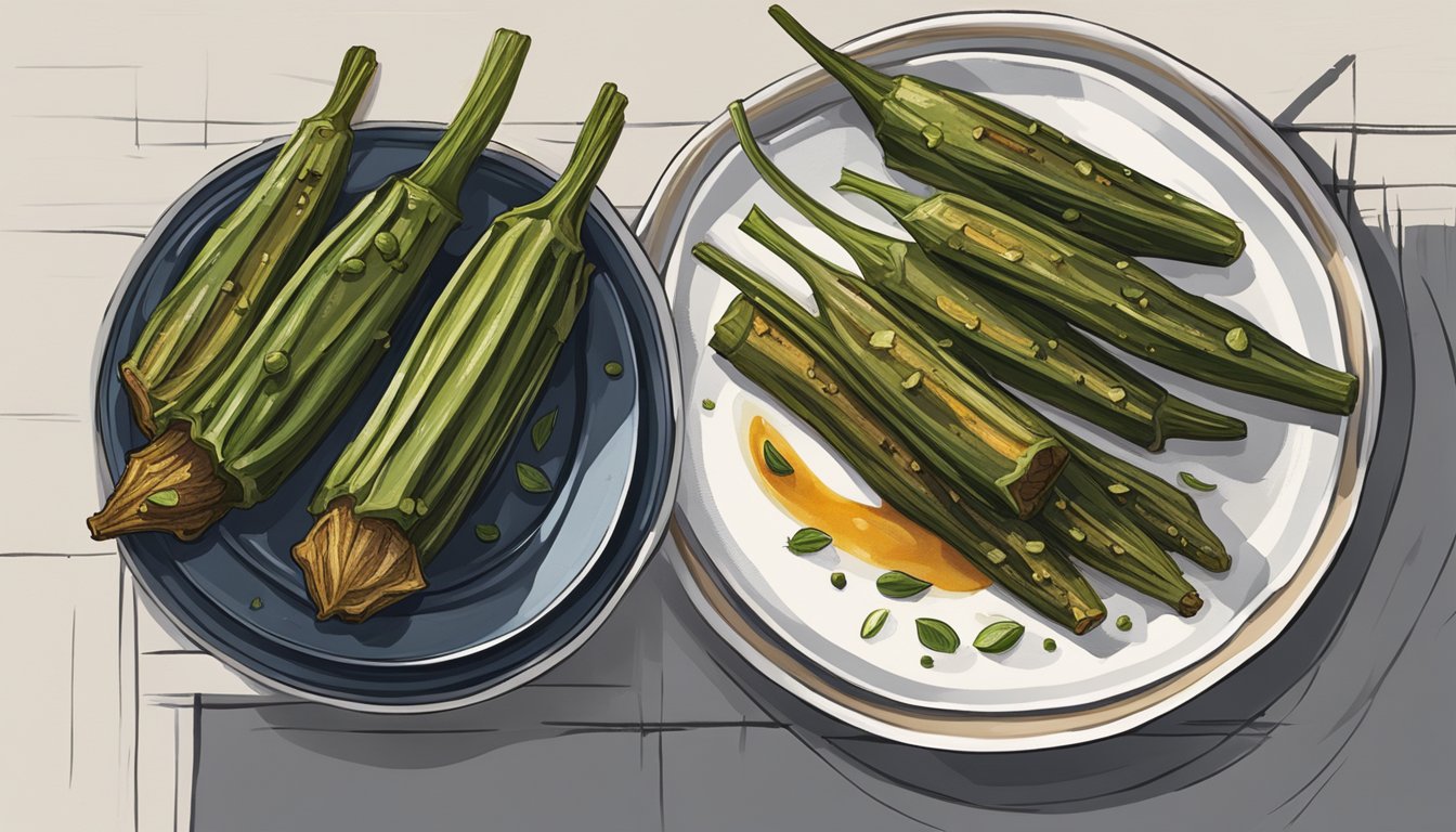 A glass of red wine next to a plate of grilled okra with a charred exterior and a soft, tender interior