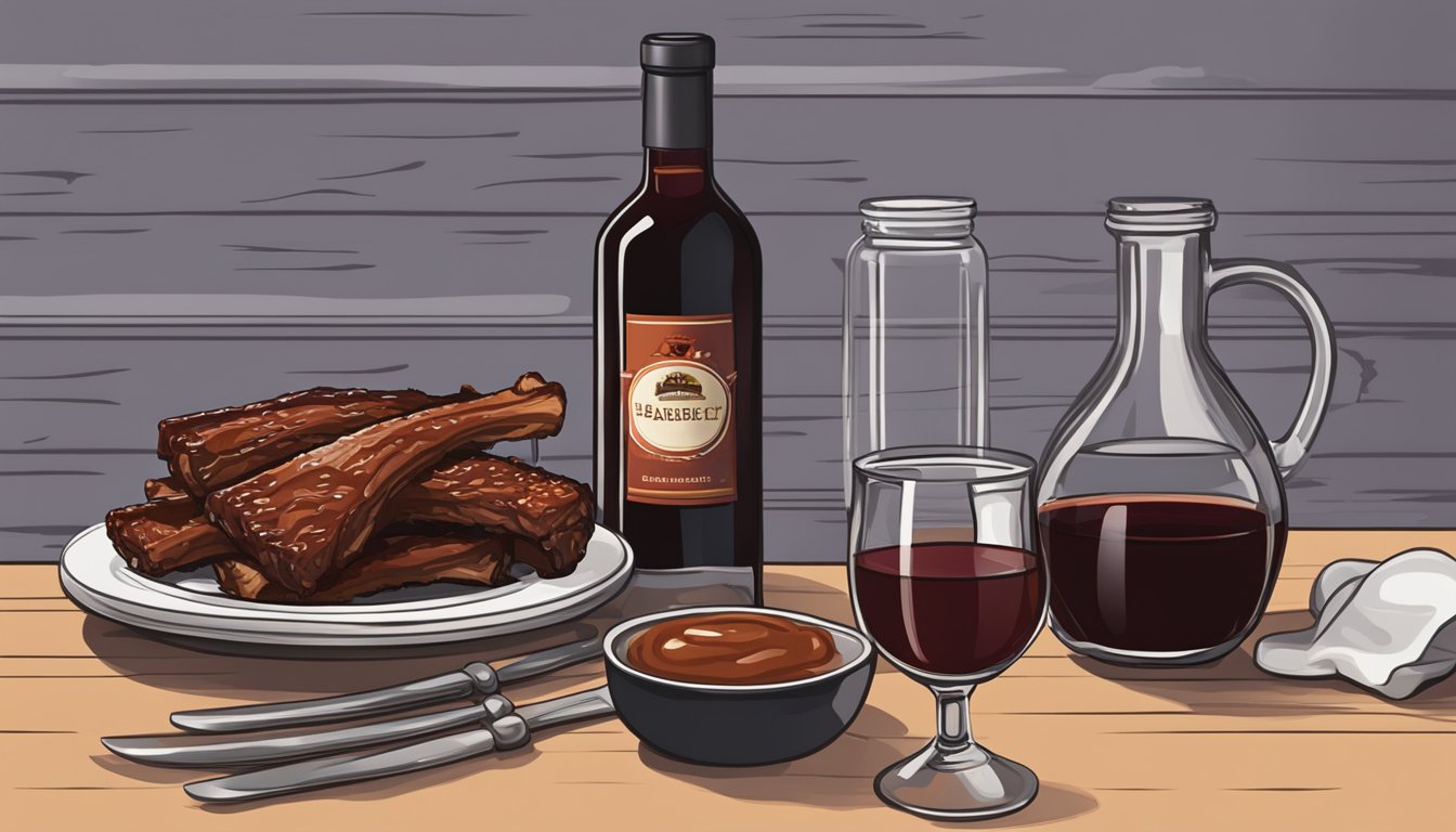 A bottle of barbecue sauce next to a rack of barbecue ribs, with a glass of red wine on the side