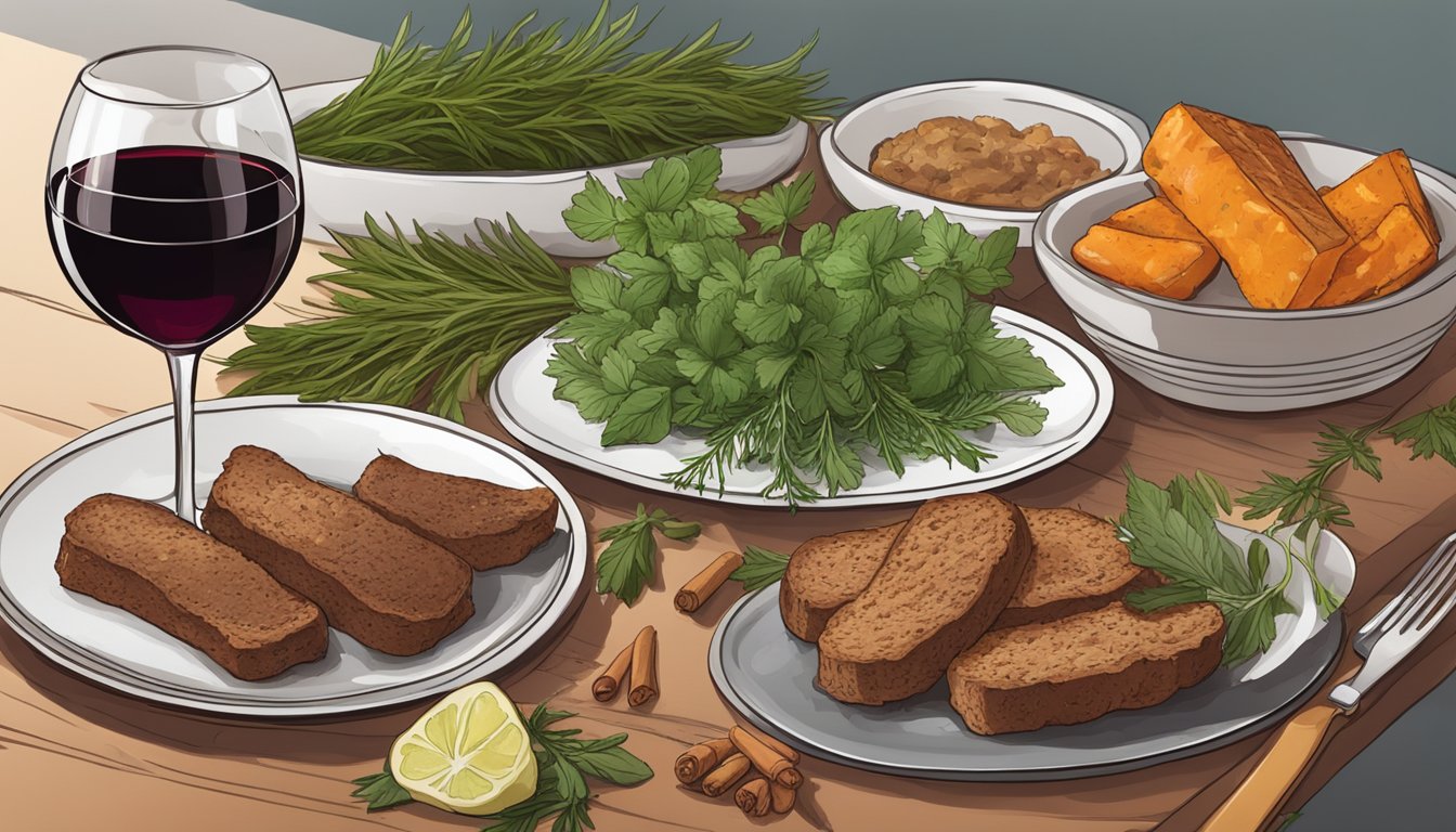 A table set with a plate of seitan and a glass of red wine, surrounded by fresh herbs and spices