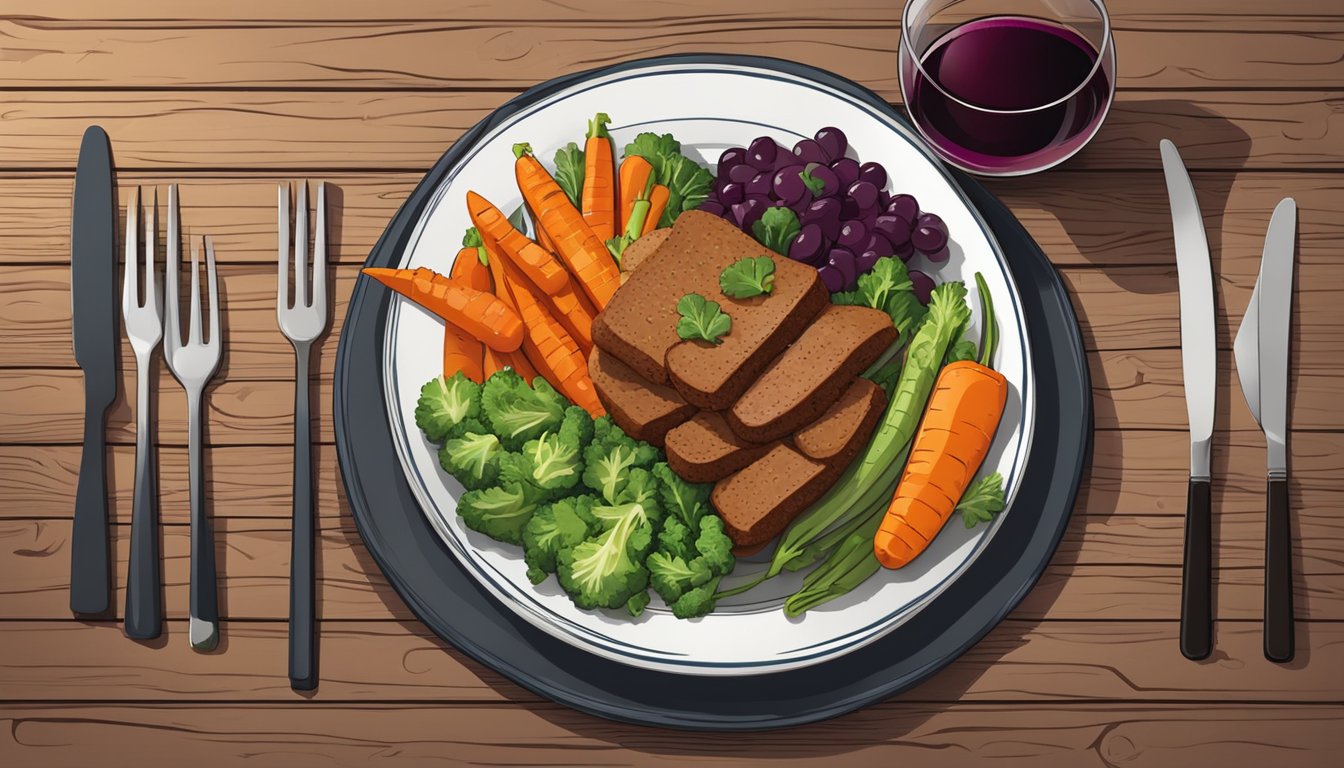 A plate of seitan with colorful vegetables, paired with a glass of red wine on a rustic wooden table