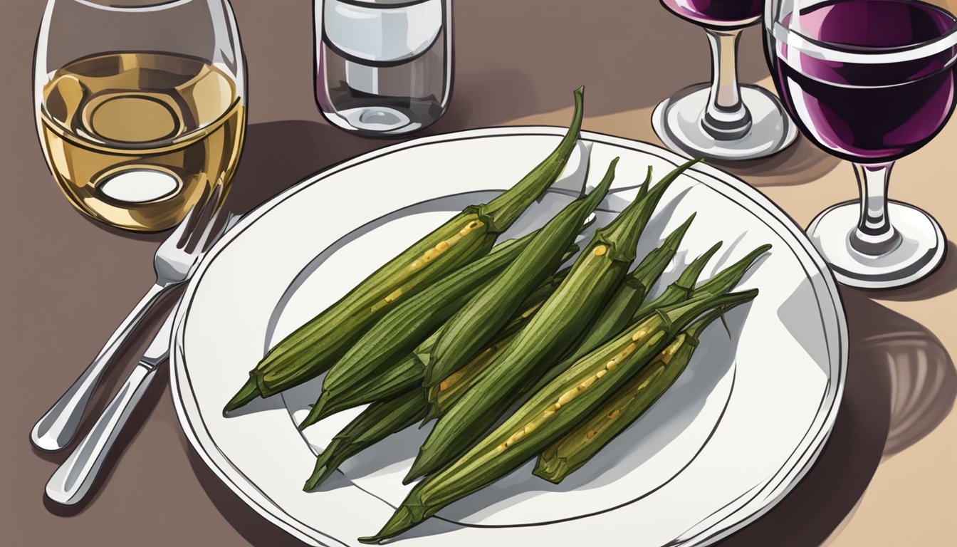 A table set with grilled okra, a bottle of wine, and wine glasses