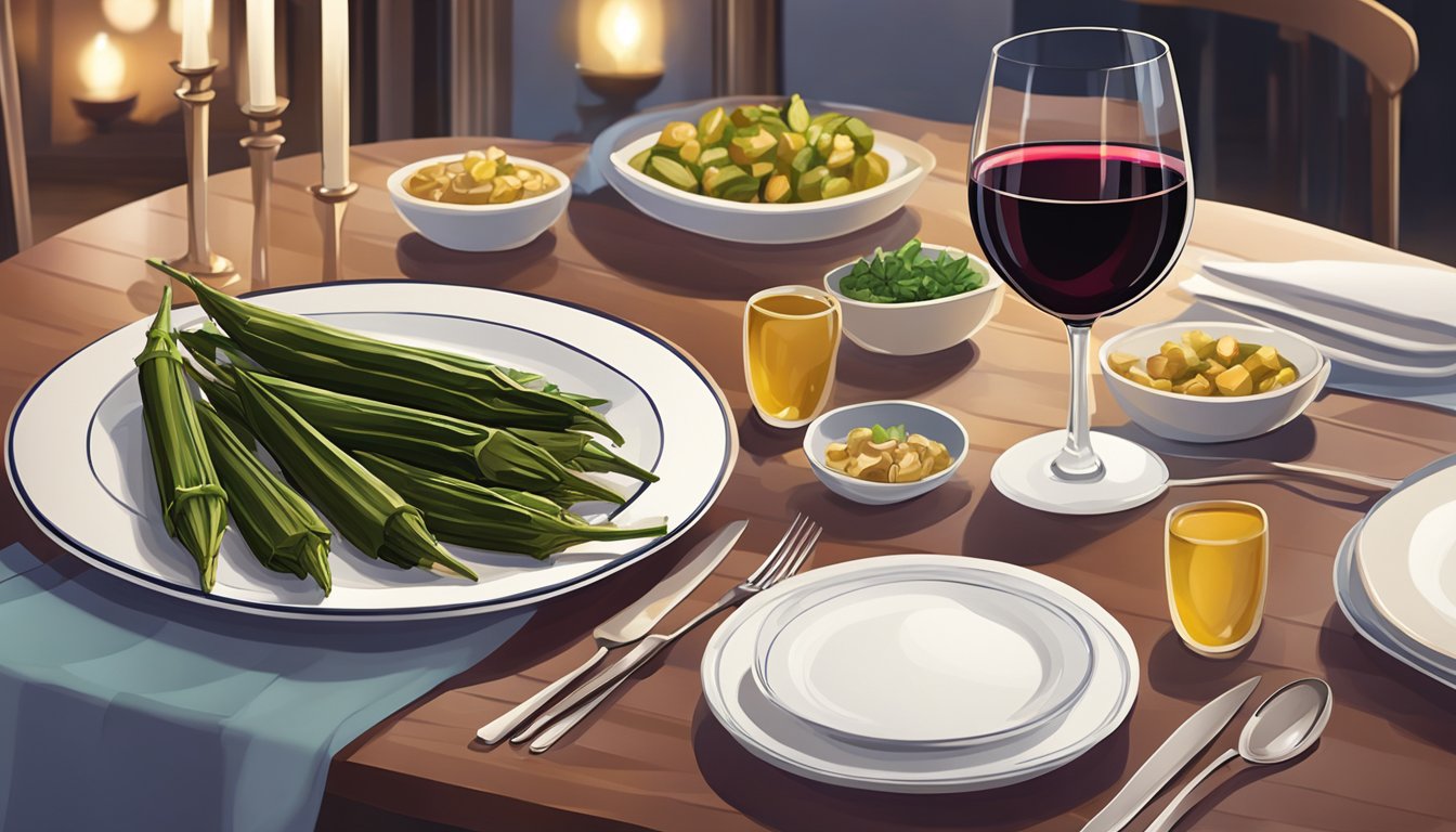 A plate of grilled okra sits next to a glass of red wine on a beautifully set dining table, surrounded by elegant dinnerware and a warm, inviting ambiance