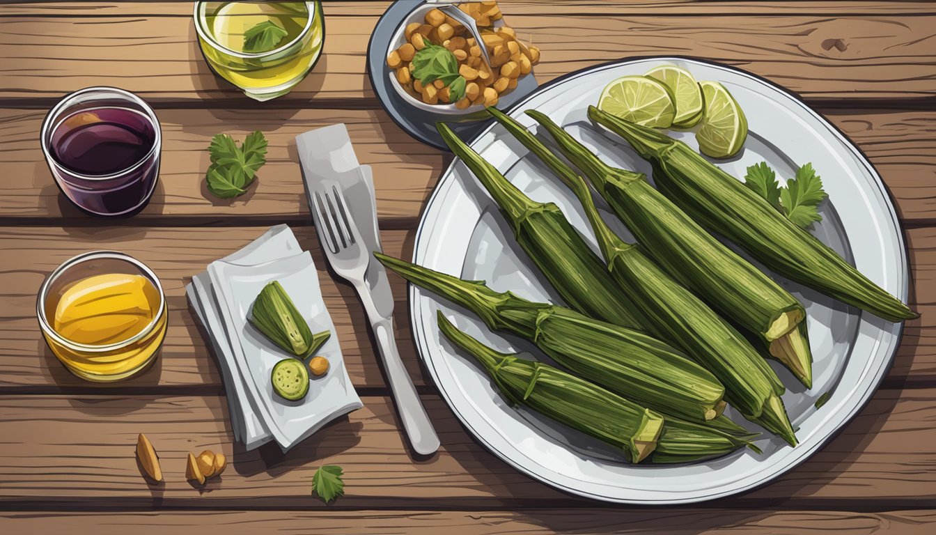 Grilled okra on a plate with alternative dishes and a glass of wine on a wooden table with a rustic tablecloth