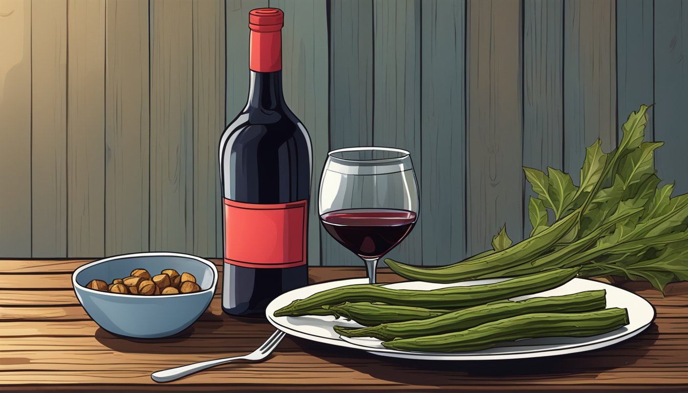 A bottle of red wine next to a plate of grilled okra on a rustic wooden table