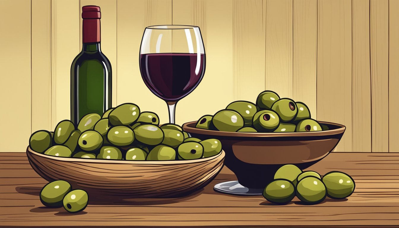 A bottle of red wine next to a bowl of green olives on a wooden table