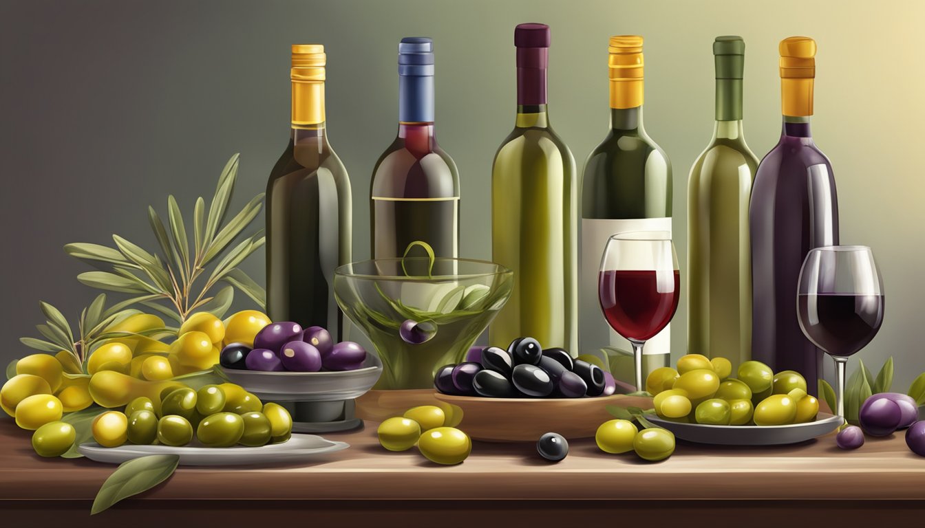 A table set with a variety of olives in different colors and sizes, accompanied by a selection of wine bottles