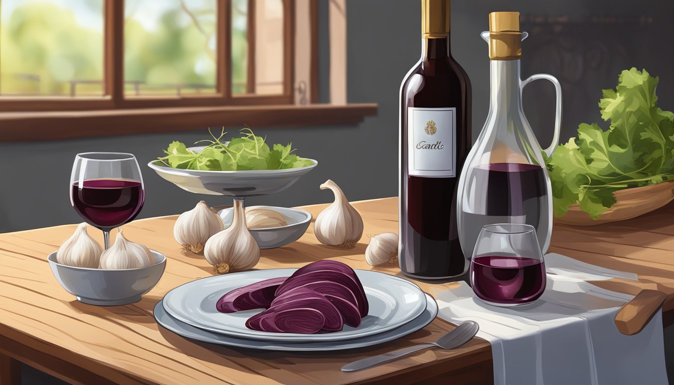 A bottle of red wine next to a plate of garlic-infused dishes on a wooden table