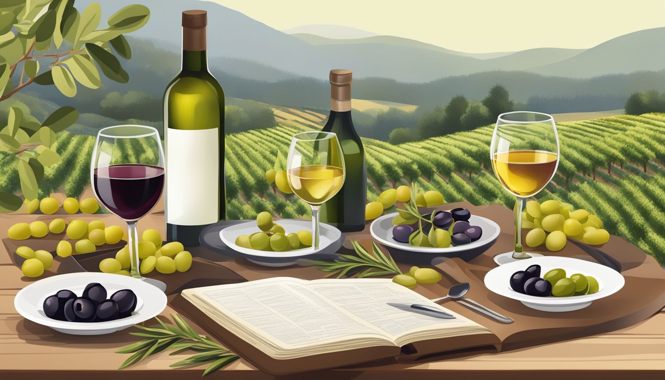 A table set with an assortment of olives and glasses of wine, with a guidebook open to a page on wine and olive pairings