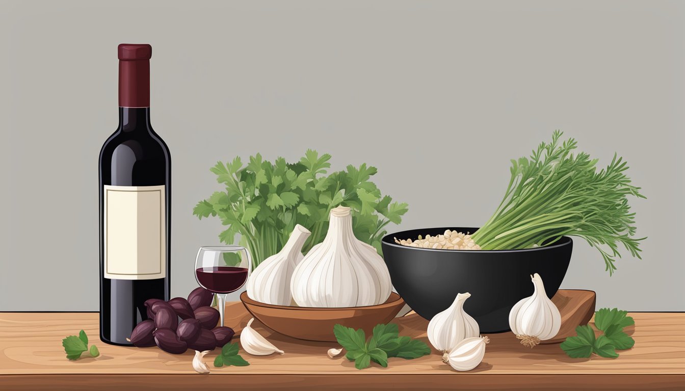 A bottle of red wine sits next to a bowl of garlic cloves, a cutting board, and a bunch of fresh herbs