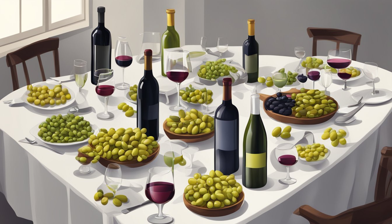 A table set with a variety of olives and different wine bottles, with a sommelier pouring a glass of wine