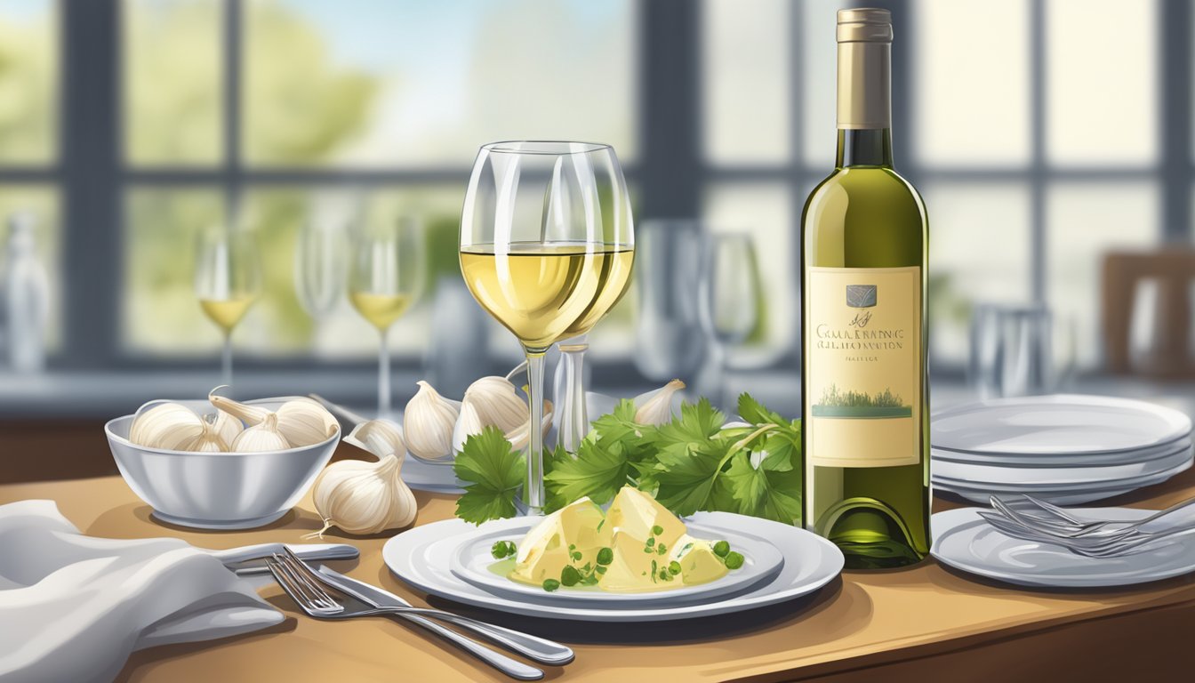 A glass of white wine next to a plate of garlic-infused dishes