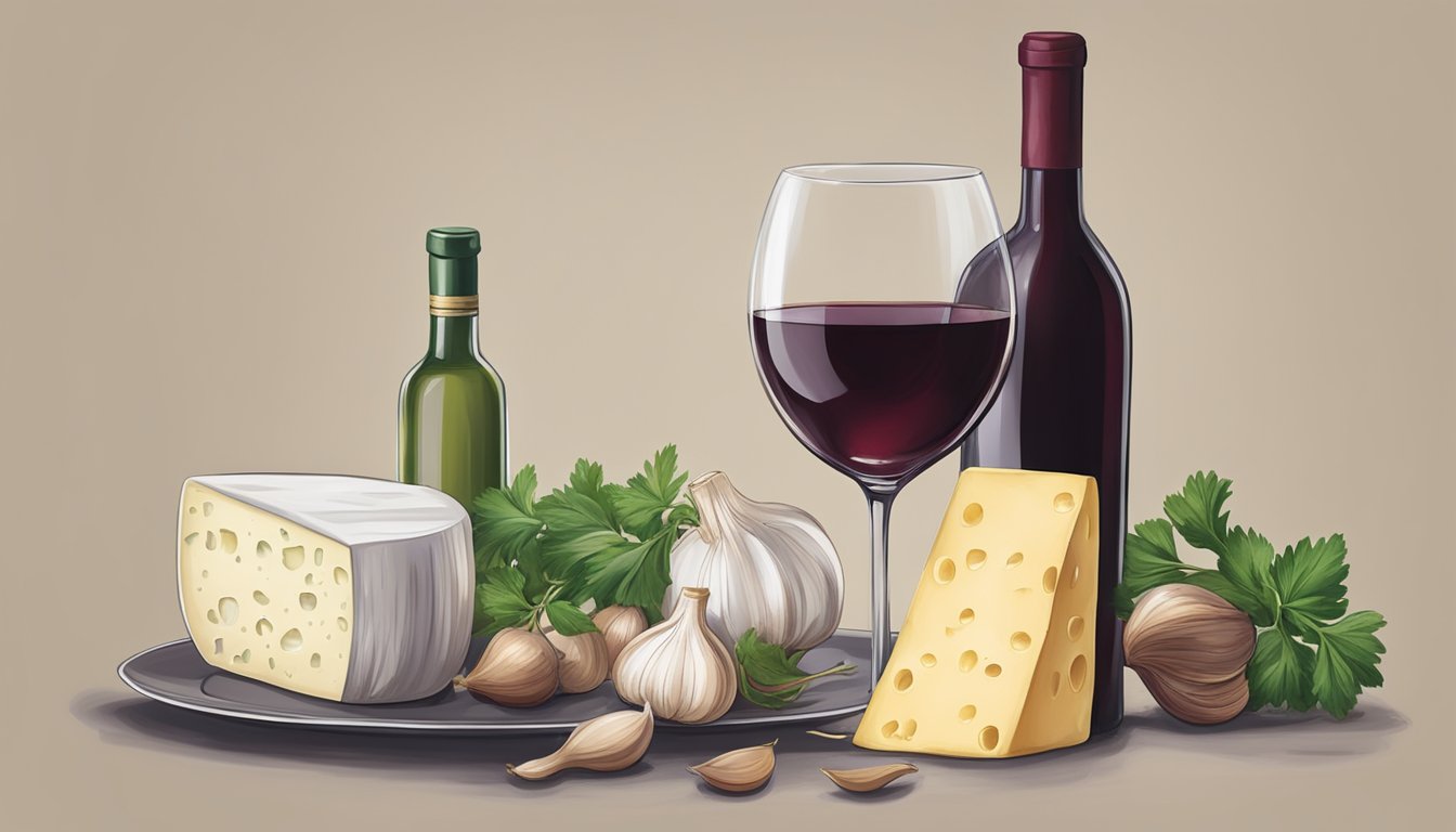 A bottle of red wine next to a plate of garlic cloves, herbs, and cheese