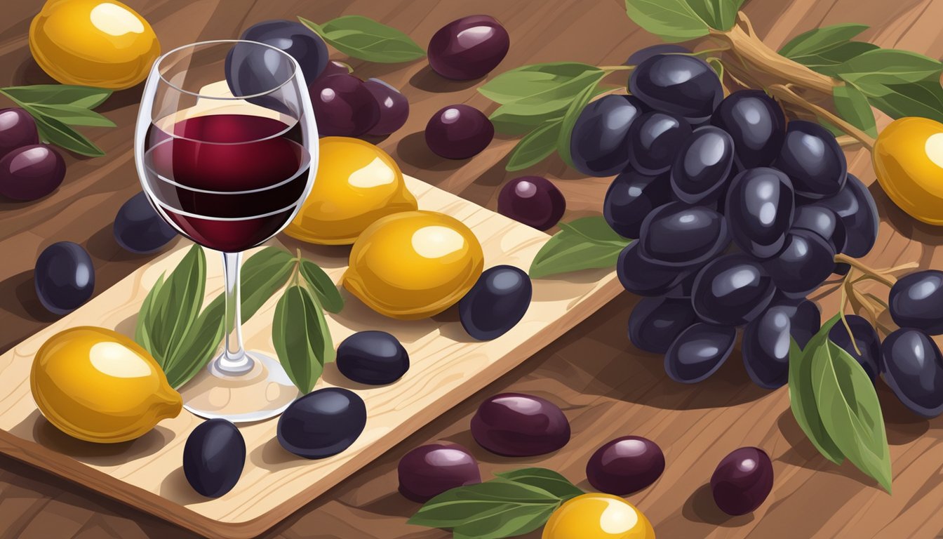 A wine glass filled with red wine surrounded by a variety of olives on a wooden cutting board