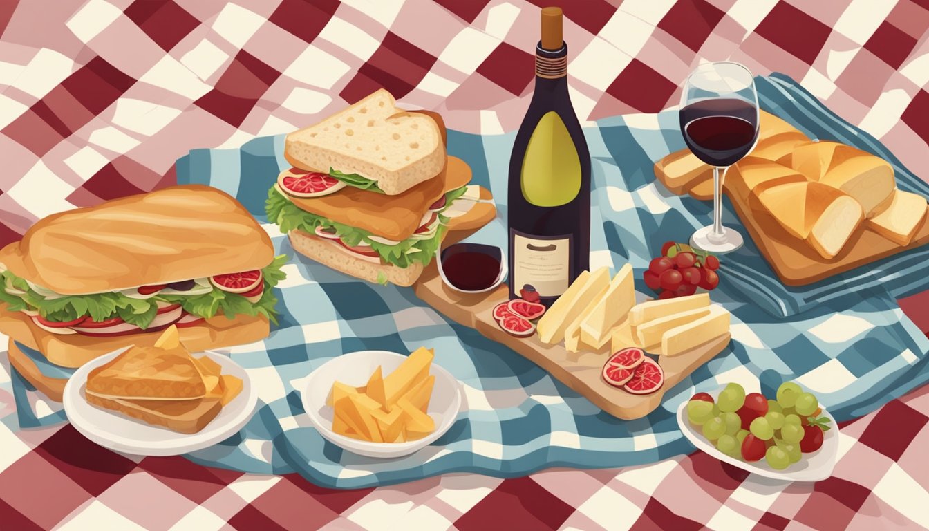 A picnic spread with a variety of sandwiches and a selection of different wines on a checkered blanket