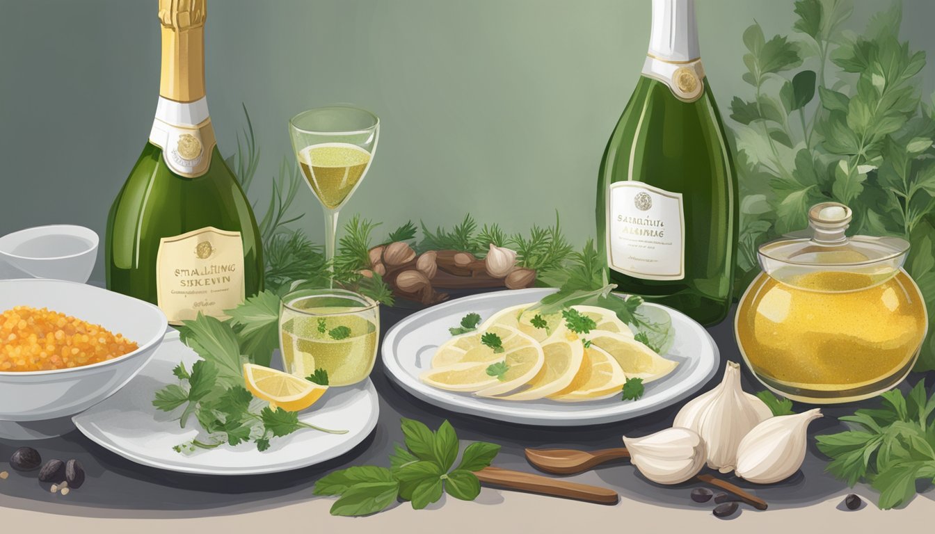 A bottle of sparkling wine sits next to a plate of garlic-infused dishes, surrounded by fresh herbs and spices