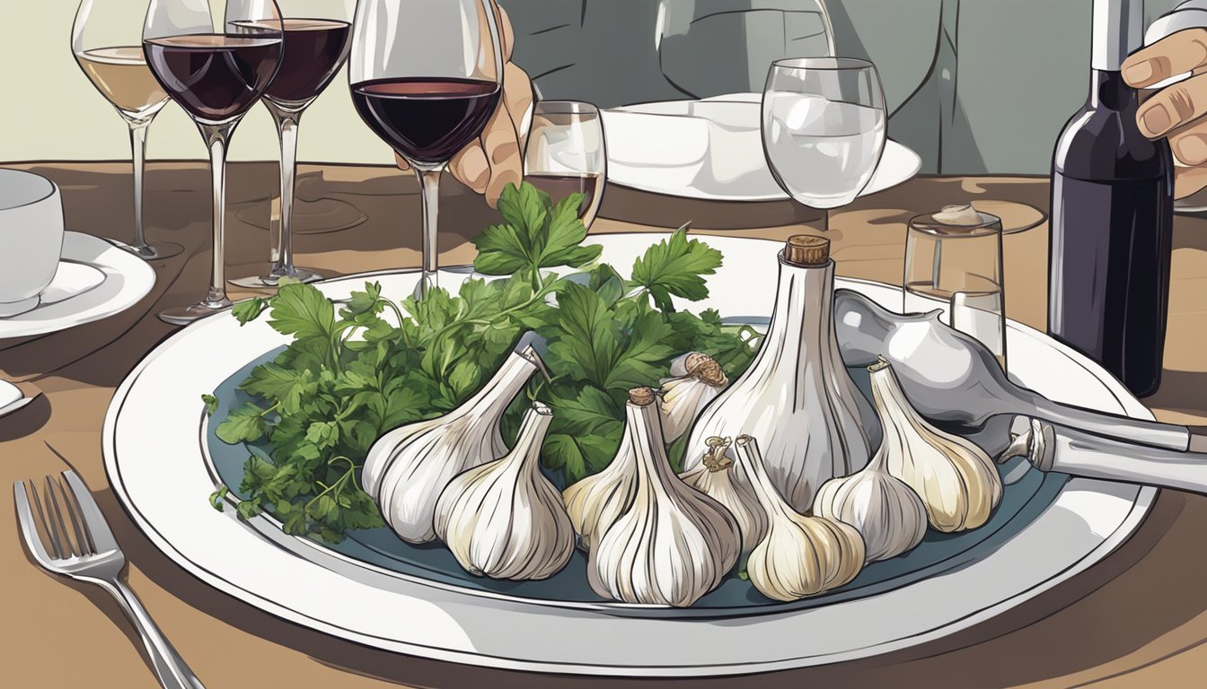 A table set with garlic dishes, herbs, and wine bottles. A sommelier pouring wine into a glass