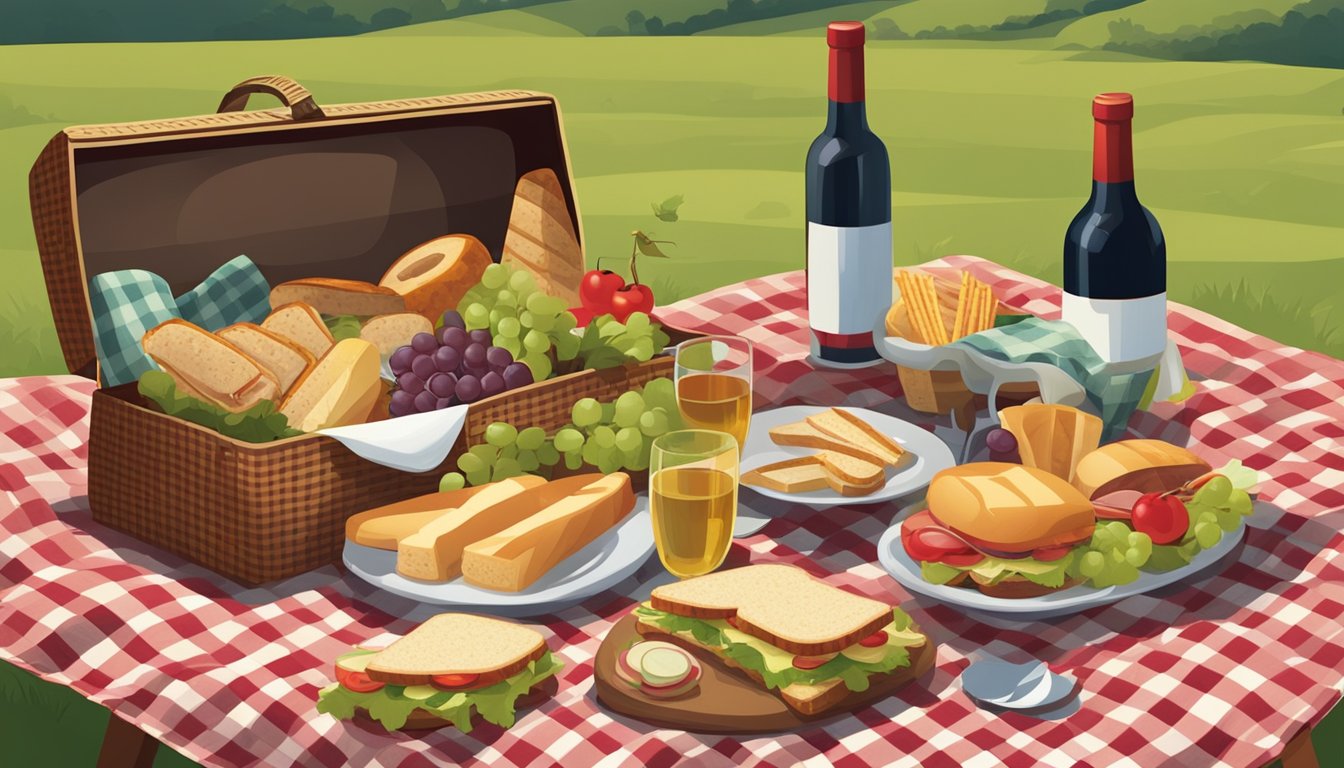 A picnic scene with a variety of sandwiches and a selection of specialty wines displayed on a checkered blanket